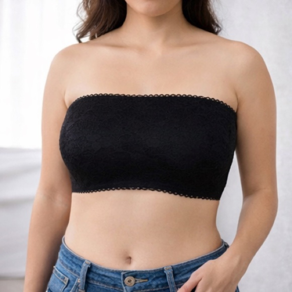 Rene Rofe Black Lace Bandeau Bra‎ M/L Strapless Bralette Removable Pads NWT